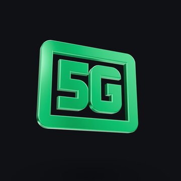 A 2x2 grid of glossy green 3D 5G logos spinning and rotating slowly against a sleek dark background in a loopable technology animation with modern digital communication aesthetics and glowing highligh
