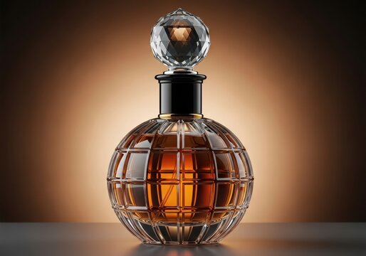 Elegant crystal decanter filled with amber liquid on a reflective surface