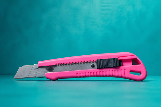 A bright pink folding knife is displayed against a teal background.