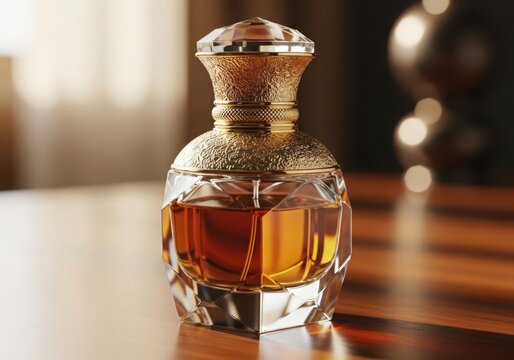 Luxurious perfume bottle with ornate gold accents and amber liquid