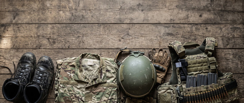 Army equipment arranged on rustic wooden background, military boots, ammunition belt and camouflage clothing, soldier preparation, combat gear, copy space
