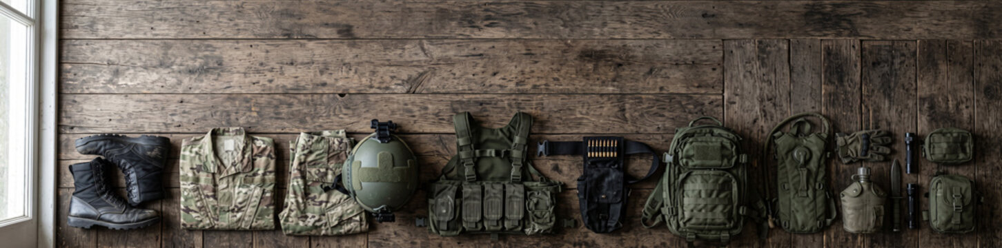 Soldier combat gear with black tactical boots and ammunition, camouflage uniform, military equipment, army preparation, deployment essentials, top view