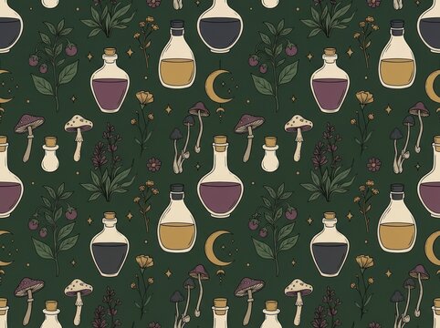 Seamless pattern with witchcraft elements and magic potions