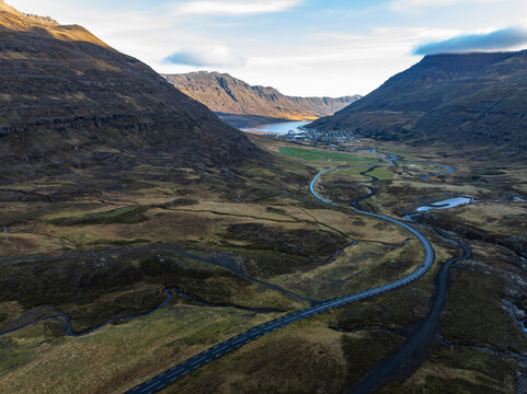 Aerial view over a fjord in east Iceland
