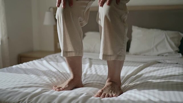 Starting heels lifted, barefoot senior shifting on bed at home, curling toes for balance, rings