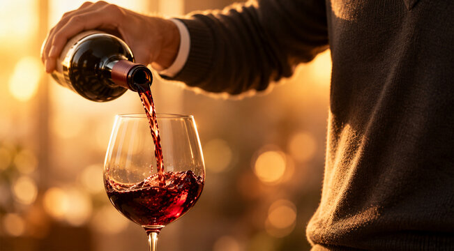 Red wine being poured into an elegant wine glass, close up of flowing wine with rich ruby color and sophisticated drinking atmosphere