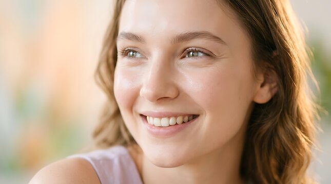 Close up portrait of a young woman with a healthy smile and glowing skin showing her healthy smile while looking away in a natural setting with a perfect healthy smile and white teeth.