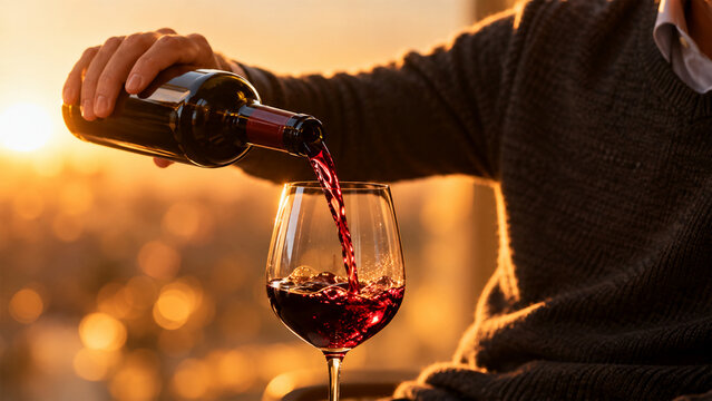 Red wine being poured into an elegant wine glass, close up of flowing wine with rich ruby color and sophisticated drinking atmosphere