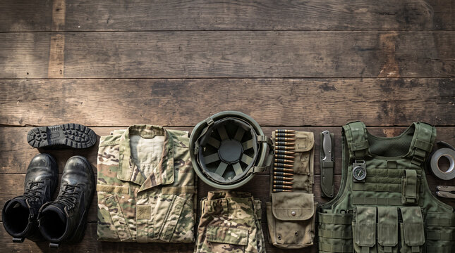 Soldier equipment laid out on old wooden planks before military deployment, tactical boots, camouflage clothing, combat helmet, ammunition and field accessories, armed forces, infantry equipment, mili