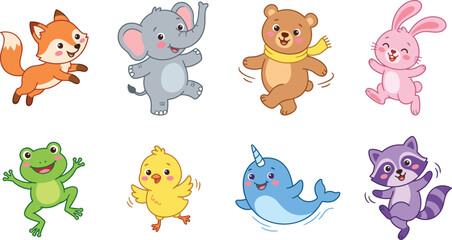 Fototapeta premium Cute Happy Dancing Animal Cartoon Character Vector Set Featuring Fox, Elephant, Bear, Rabbit, Frog, Chick, Narwhal, and Raccoon for Kids Designs