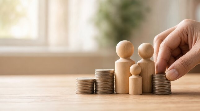 risk management insurance forecasting. Hand placing wooden family figures next to stacks of coins symbolizing financial planning and family budgeting.