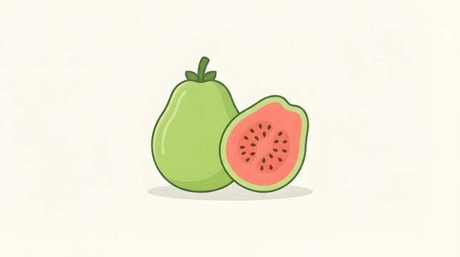 Flat vector illustration of whole and sliced pink guava isolated on light background