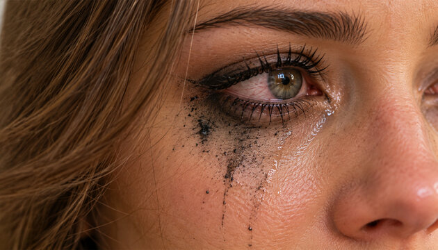 Crying young woman with tears and smudged mascara in emotional close-up portrait, sadness, heartbreak, grief and mental health concept