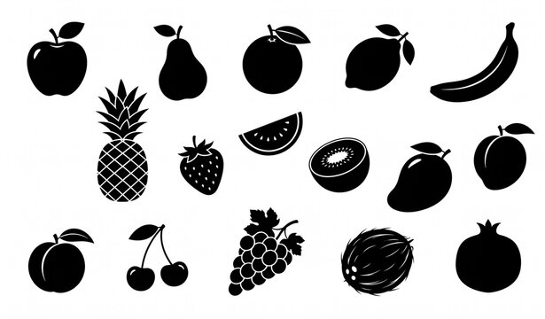 Black Fruit Silhouette Collection on White Background Editable Vector