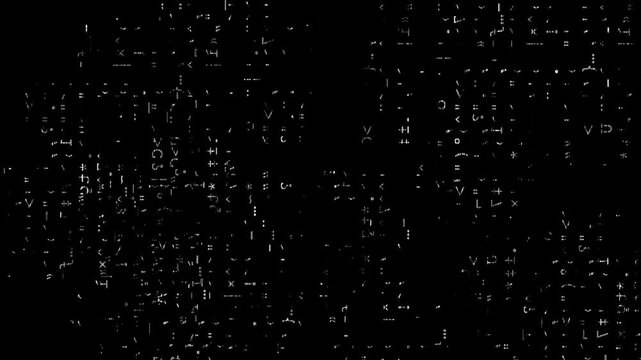 Digital binary code matrix rain glitch texture animation loop on black background.