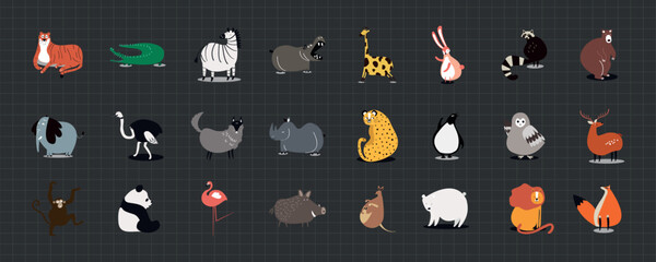 Obraz premium Vector of various cartoon animals on a dark grid background.