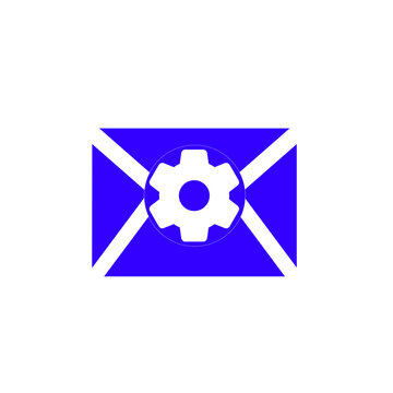 Blue mail envelope with gear cog icon email automation settings marketing campaign workflow concept isolated graphic illustration.