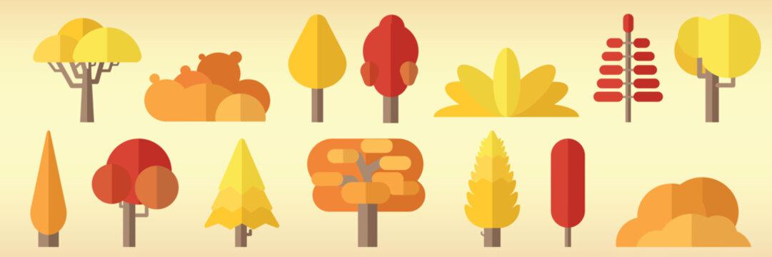 Vector illustration of various stylized autumn trees in warm colors.