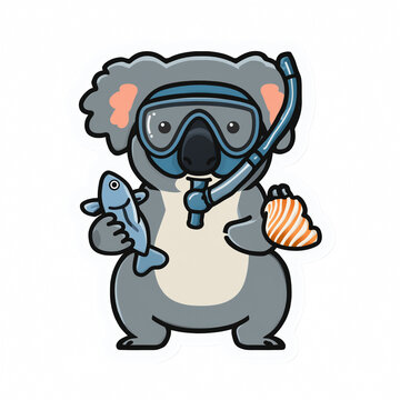 Cute Koala Diver Sticker with Fish and Seashell