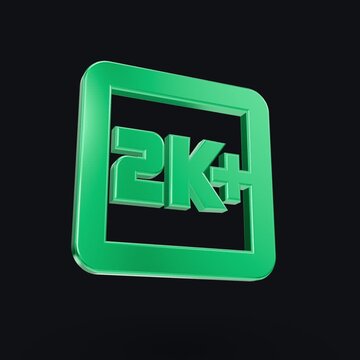 Rotating green 3K plus digital badge logo isolated on dark background in 3D motion graphic loop for streaming channel milestone celebration, gaming achievement symbol, social media milestone marker an