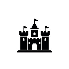 Fototapeta premium Pixelated black castle icon with three towers and flags.
