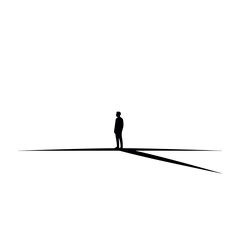 Fototapeta premium Silhouette of a lone person standing on a stark white background with long shadows.