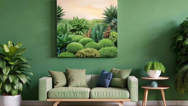 Cozy living room featuring  green walls, and bookshelves adorned with plants
