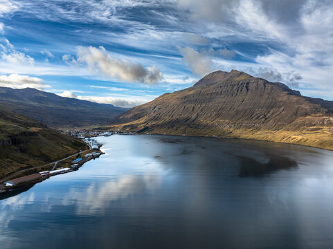 Aerial view over a fjord in east Iceland