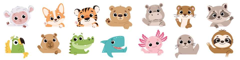 Obraz premium Cute collection of baby animals peeking out and waving, including lamb, cat, tiger, bear, hippo, parrot, crocodile, shark, axolotl, seal, sloth, zebra and raccoon. Flat vector illustration for kids