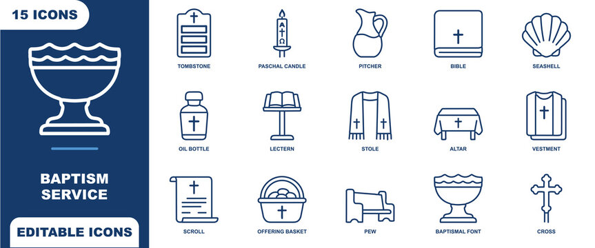 Set of 15 blue baptism service outline icons featuring tombstone, paschal candle, pitcher, bible, seashell, oil bottle, lectern, stole, altar, vestment