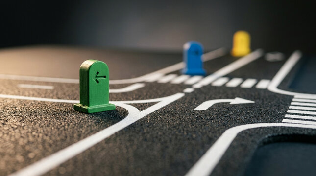 Miniature road intersection with colorful markers, strategy game concept.