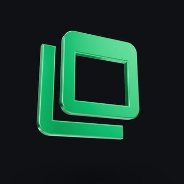 A 3D green layered square logo icon rotates smoothly on a sleek black background in four sequential preview frames, highlighting glossy reflections and minimalist geometric design motion elements.