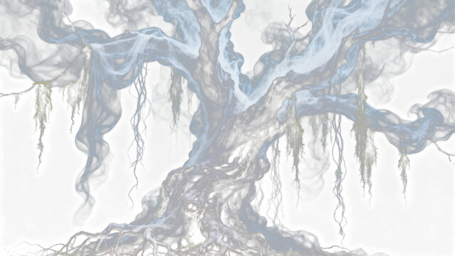 Eerie twisted haunted tree, shrouded in wispy translucent ghostly smoke and gnarled ancient branches, isolated on a transparent background