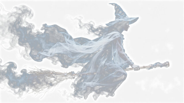 Ghostly white witch silhouette, made of swirling transparent mist, flying an old broom, isolated on black, perfect for Halloween media.
