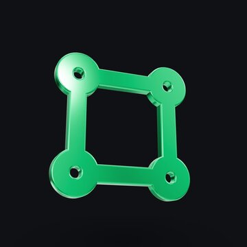Four identical green metallic rectangular frame plates with four corner screw holes rotating slowly in a 2x2 grid pattern against a dark background in 3D computer generated graphics animation loop