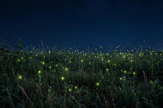 A field of grass at night illuminated by numerous glowing fireflies.