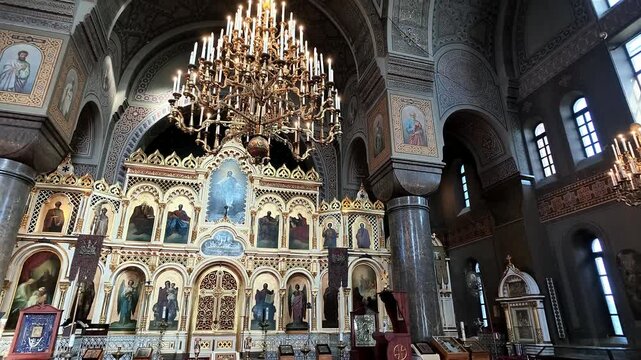 Uspenski Cathedral Interior Iconostasis and Chandelier in Helsinki Finland