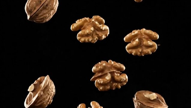 Shelled walnuts falling in midair on isolated black background for healthy food design