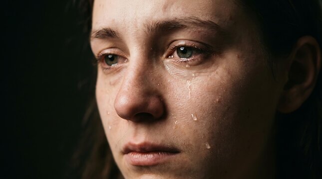 Emotional portrait of a crying woman expressing deep sadness, close-up of crying woman with tears on her face, lonely crying woman suffering from grief and mental health issues.
