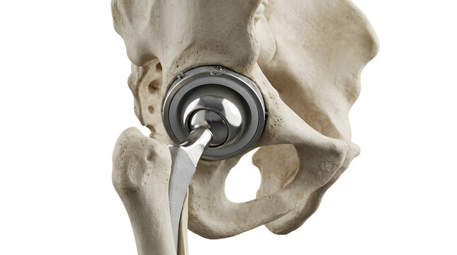 Total hip replacement prosthetic implant installed in human pelvis and femur bone model isolated on white background 