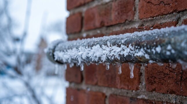 Frost crystals and icicles forming on an exterior pipe against a brick wall in winter