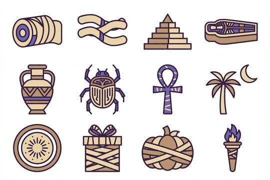 Collection of Egyptian icons including a sarcophagus, pyramid, scarab beetle, ankh, palm tree, and other ancient symbols.
