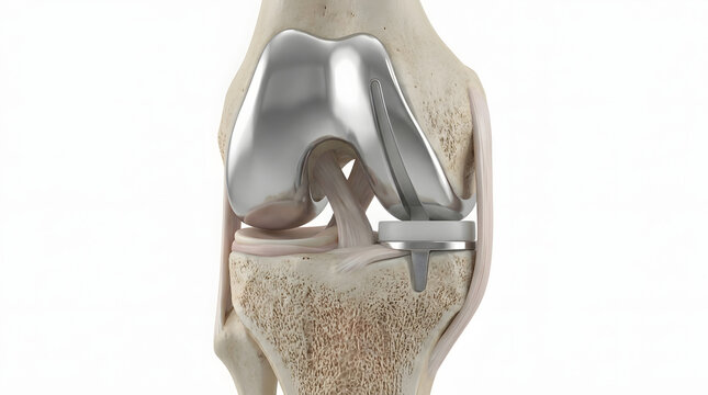 Frontal view of knee joint prosthesis featuring partial knee replacement and cruciate ligaments
