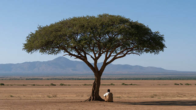 Kenyan farmer sitting under a single acacia tree during a midday rest, bare earth around him, essential shade, rural pause, simple outdoor rest, subsistence agriculture lifestyle,