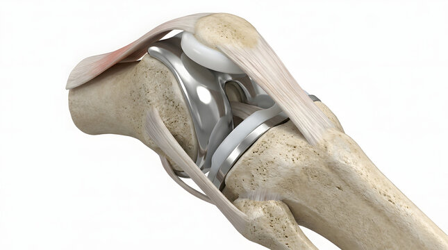 Side view of total knee replacement implant fitted on distal femur and proximal tibia