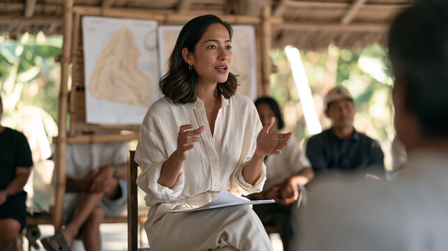 Filipino environmental engineer presenting erosion control and reforestation data to village council members seated under a community hall roof, topographic maps pinned to a