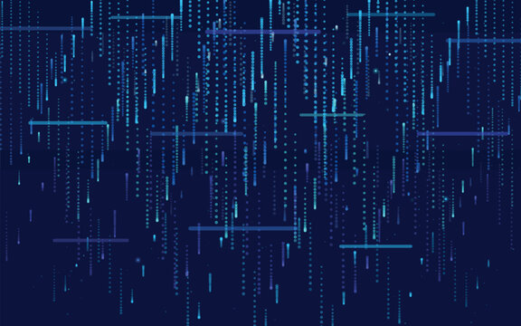 Digital data background in tech style, vertical cyan lines and dotted streams falling on dark navy backdrop, abstract matrix texture for banners, covers and presentations