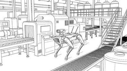 Fototapeta premium Autonomous quadruped robotic dog patrolling industrial facility vector line art.