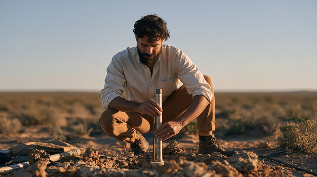Tall bearded environmental engineer crouching beside a borehole monitoring well in a semi-arid landscape, lowering a water level meter on a graduated cable, sparse scrubland