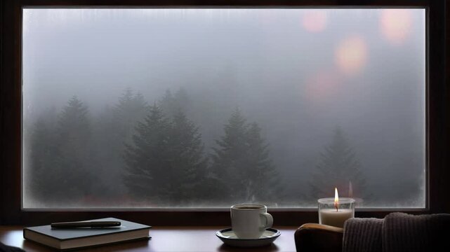 A view of a misty, tranquil forest from a cozy window seat, accompanied by warm coffee, candlelight, and a book.
